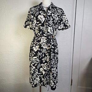 Sag Harbor Linen Blend Floral Belted Midi Dress Summer Vacation Resort